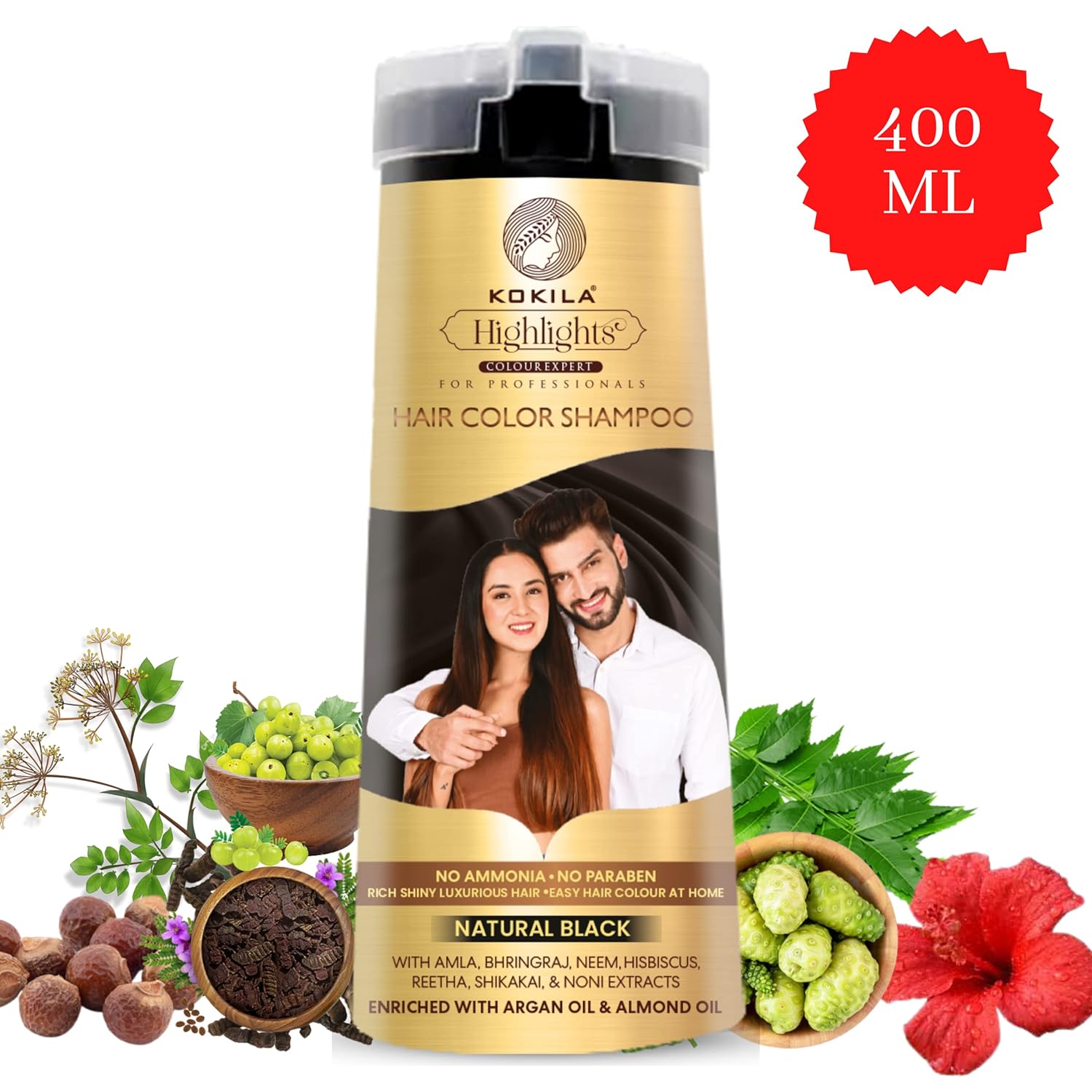Kokila Natural Black Hair Color Shampoo 400ml No Ammonia Paraben-Free