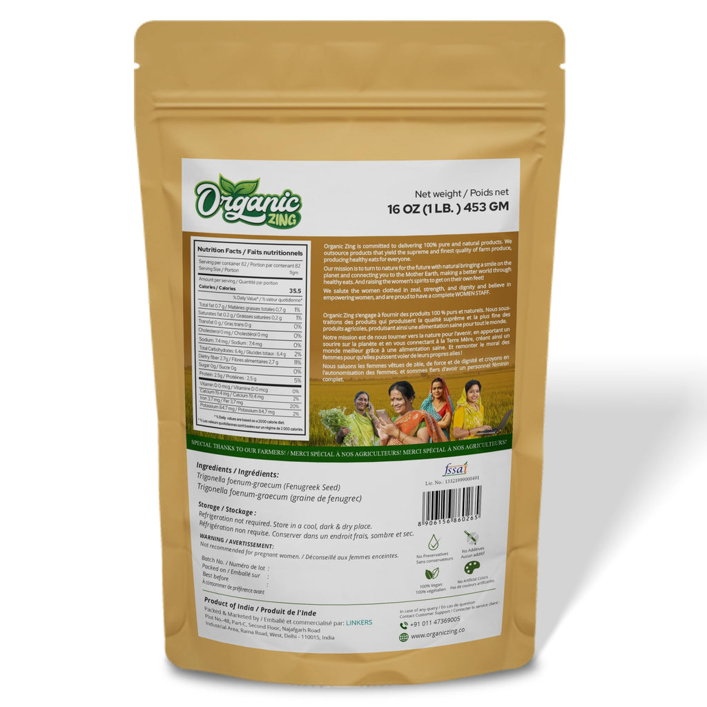 Organic Zing Fenugreek Seeds Also Known As Methi Seeds and Trigonella Foenum-Graecum Vegan | Preservative Free | Resealable Pack
