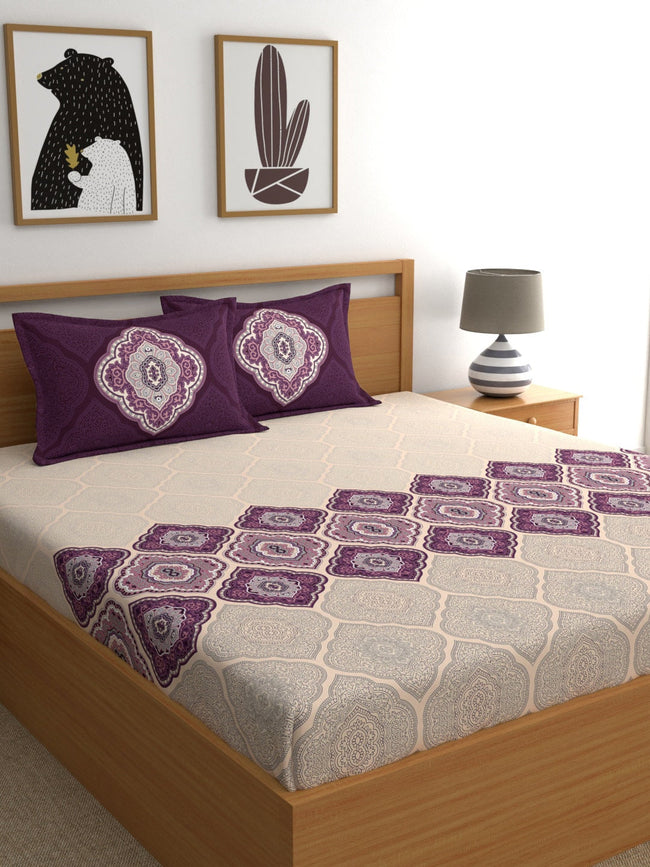 Dreamscape Purple & Cream-Coloured 144 TC Bedsheet with Pillow Covers Hover Image