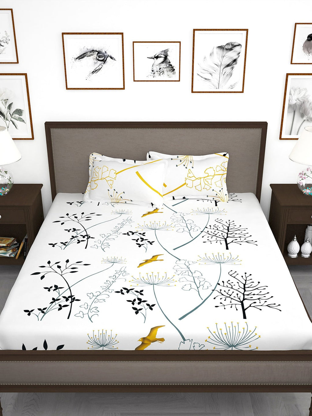 Story@home White & Blue Floral King Bedsheet with 2 Pillow Covers