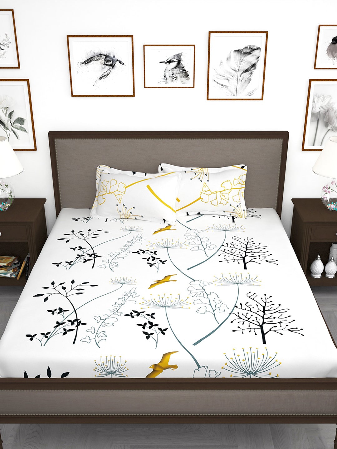 Story@home White & Blue Floral King Bedsheet with 2 Pillow Covers