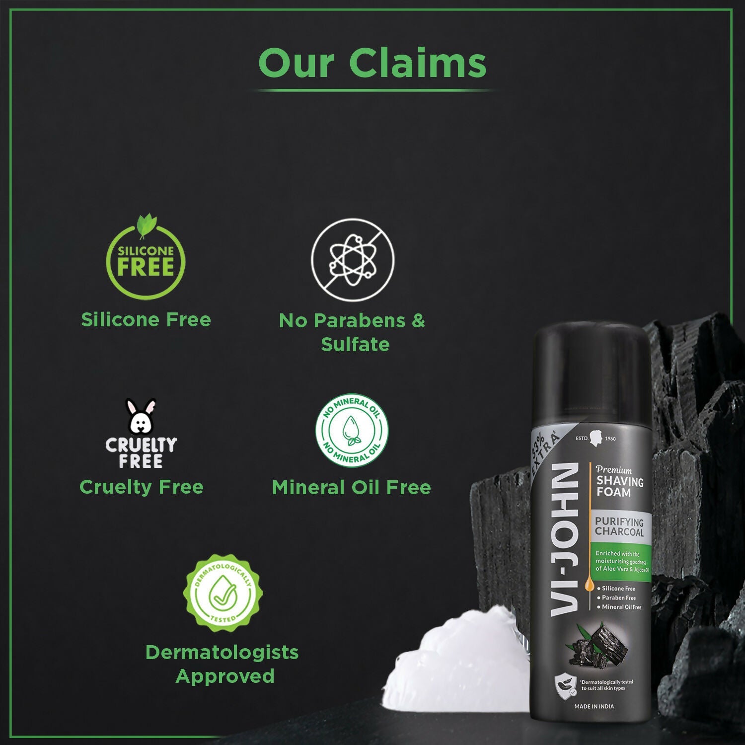 VI-JOHN Dermatologically Tested Premium Purifying Charcoal Shaving Foam Enriched with Aloevera & Jojoba Oil Free From Silicone, Paraben & Mineral Oil