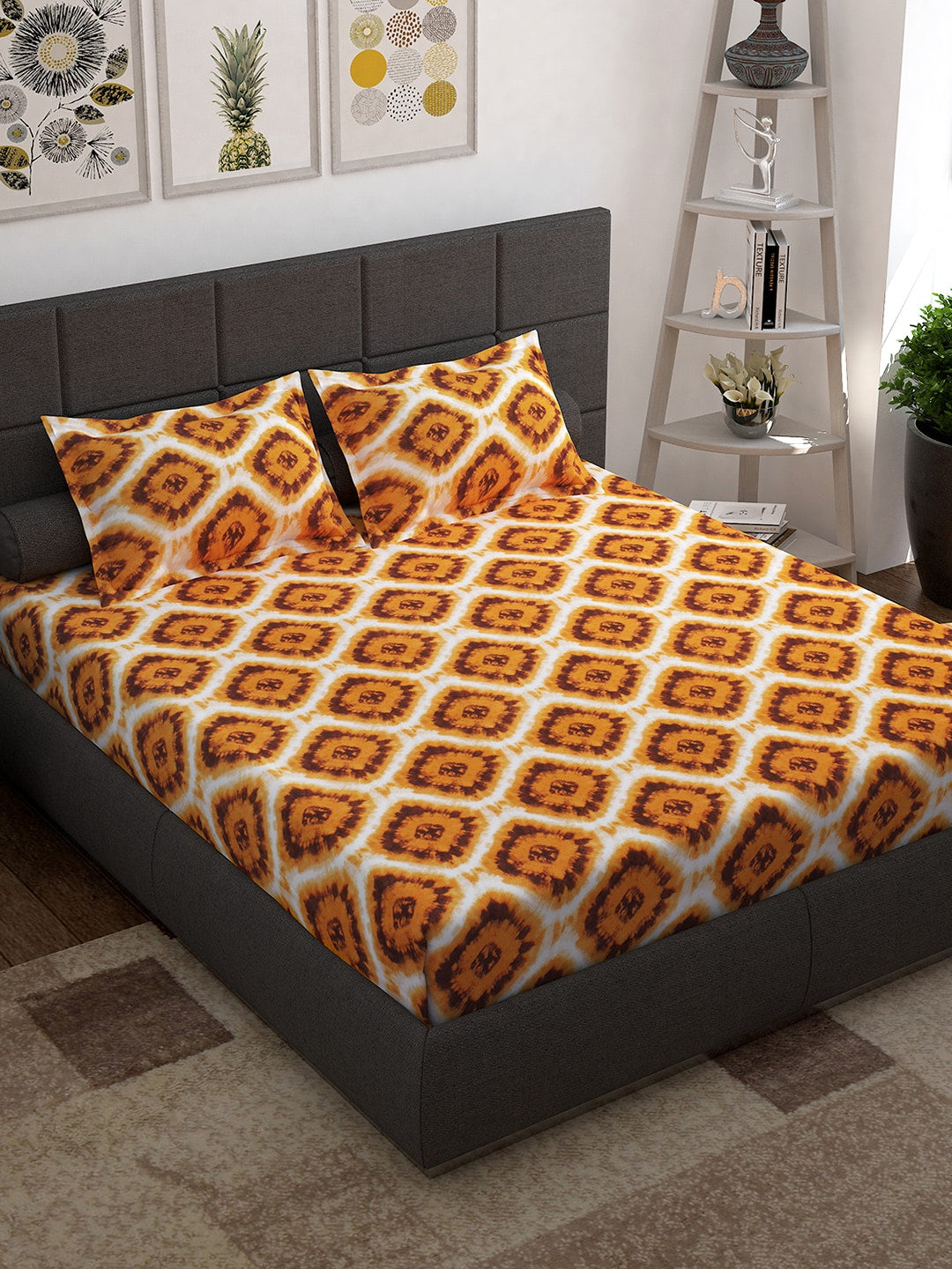 Story@home Unisex Yellow Geometric Cotton 152 TC 1 King Size Bedsheet with 2 Pillow Covers