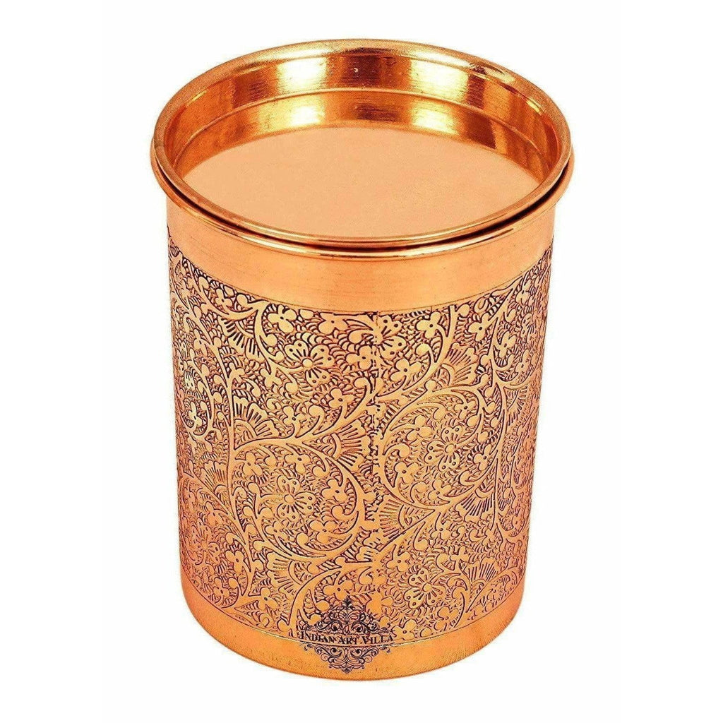 Copper Glass Tumbler with Lid Embossed Design
