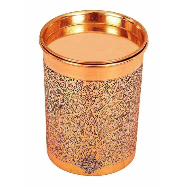 Copper Glass Tumbler with Lid Embossed Design Hover Image
