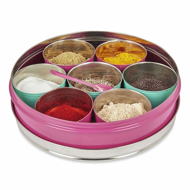 Stainless Steel Made Masala Box Spice Box Masala Dabba Container With Glass Lid 7 Compartments With 1 Spoon Main Image