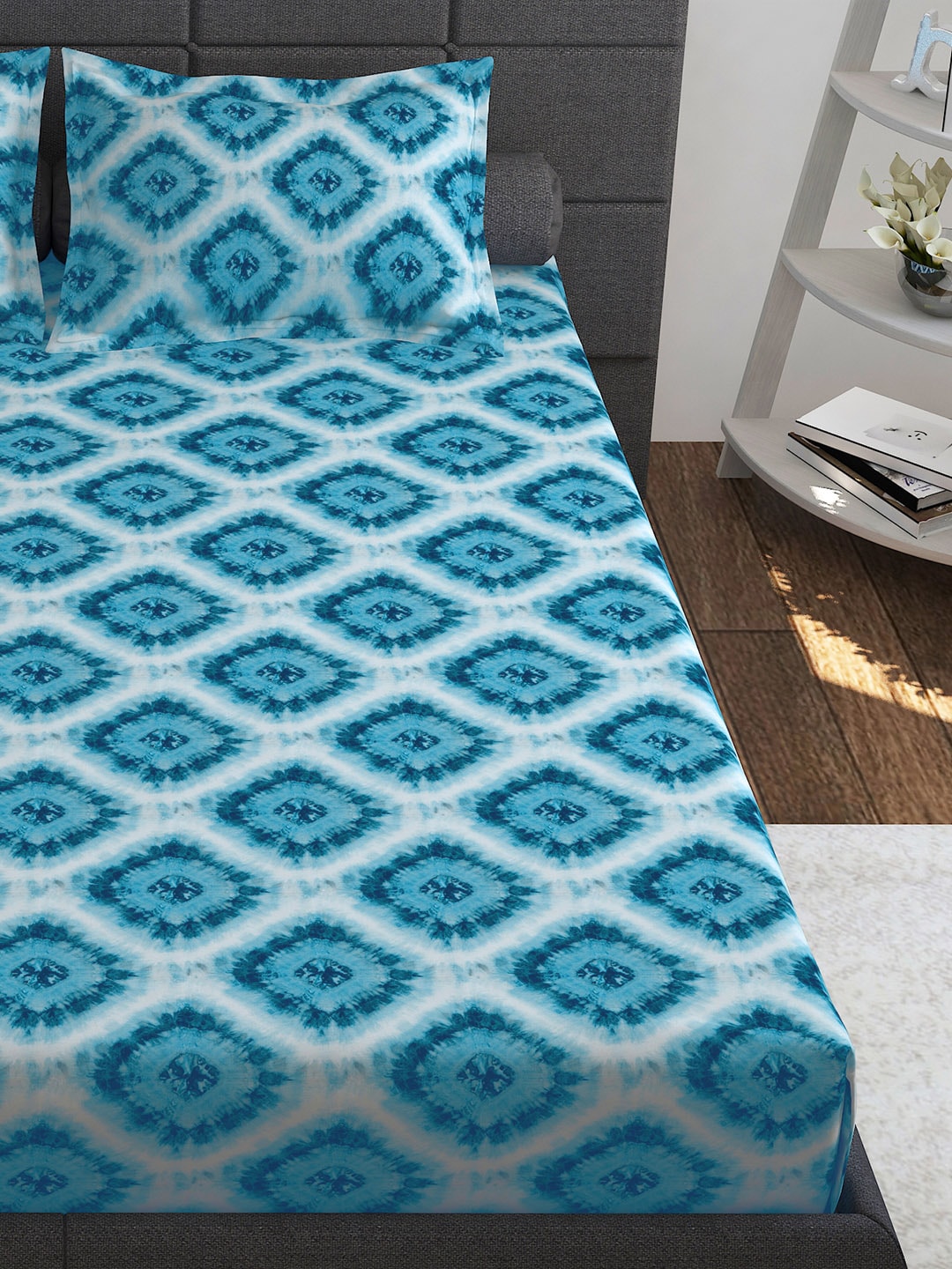 Story@home Blue & Pink Ethnic Motifs Pure Cotton 152TC Queen Bedsheet With 2 Pillow Covers