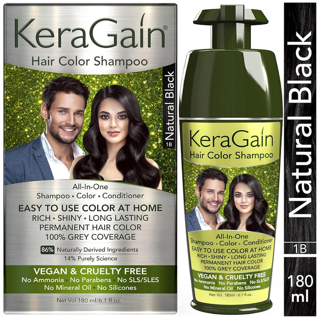 KERAGAIN Natural Black Hair Color Shampoo 180ml PPD Ammonia Free Vegan Hover Image