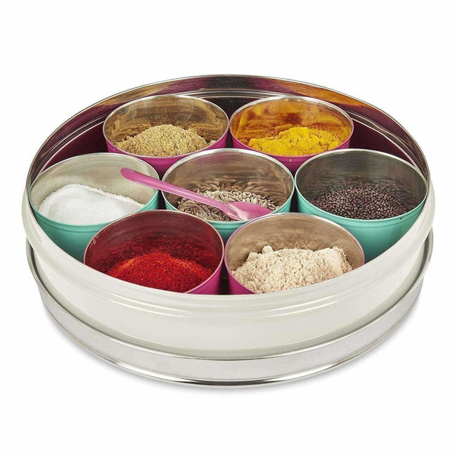 Stainless Steel Made Masala Box Spice Box Masala Dabba Container With Glass Lid 7 Compartments With 1 Spoon Hover Image