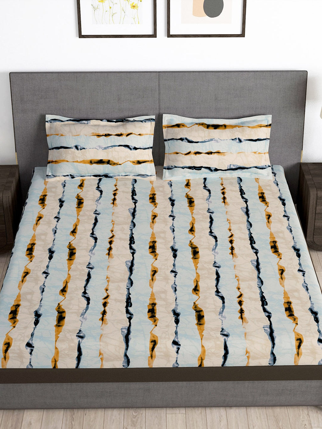 Story@home Arena Cream-Coloured & Grey Printed 180 TC Bedsheet & Pillow Covers