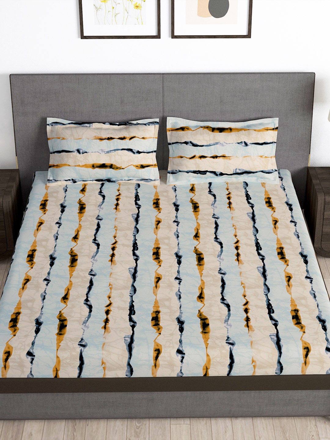 Story@home Arena Cream-Coloured & Grey Printed 180 TC Bedsheet & Pillow Covers