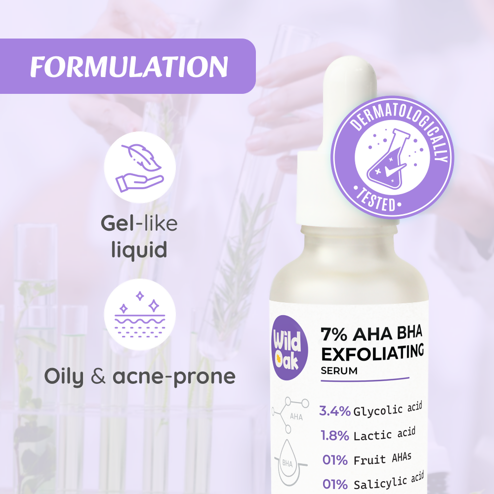 Wild Oak 7% AHA BHA Exfoliating Face Serum Pore Cleansing & Anti-Aging, Anti Acne Serum
