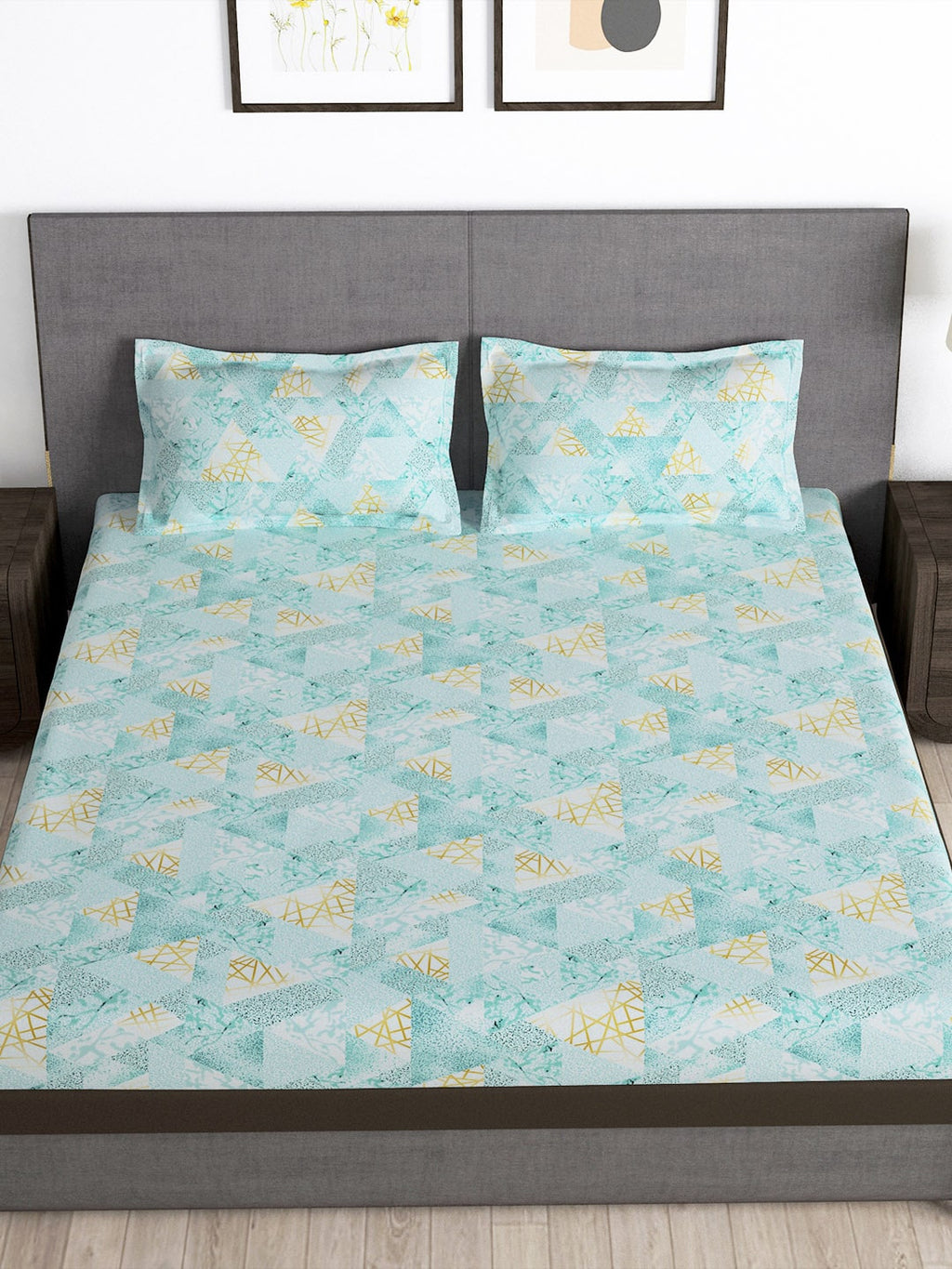 Story@home Arena Blue & Gold-Toned Printed 180 TC Bedsheet & Pillow Covers