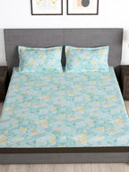 Story@home Arena Blue & Gold-Toned Printed 180 TC Bedsheet & Pillow Covers