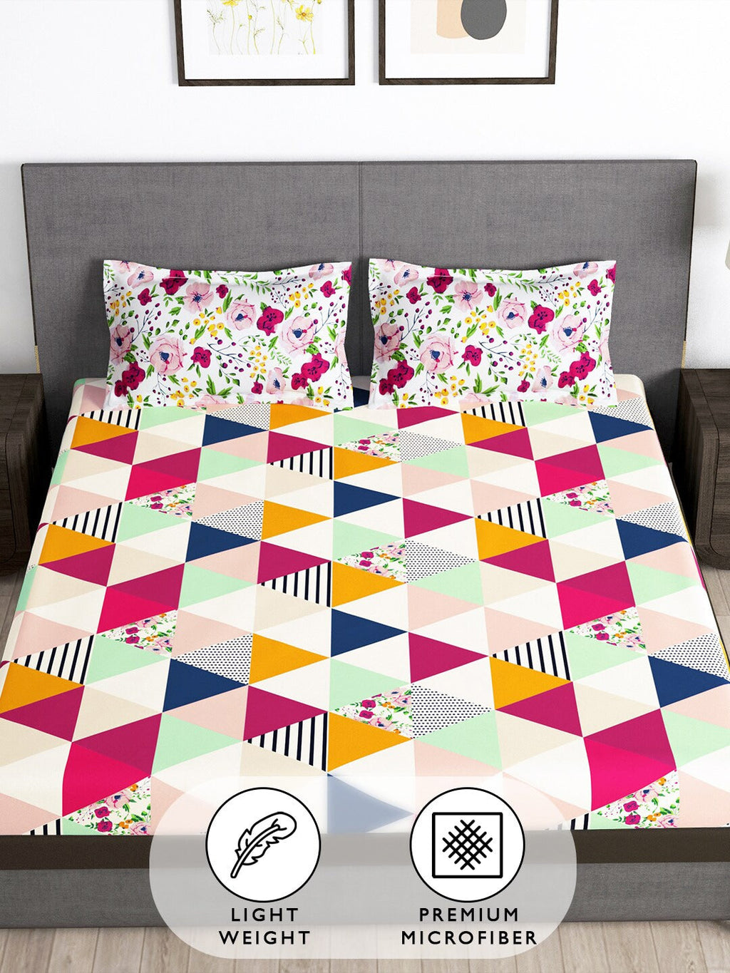 Story@home Arena Pink & Green Geometric Printed 180 TC Queen Bedsheet & 2 Pillow Covers