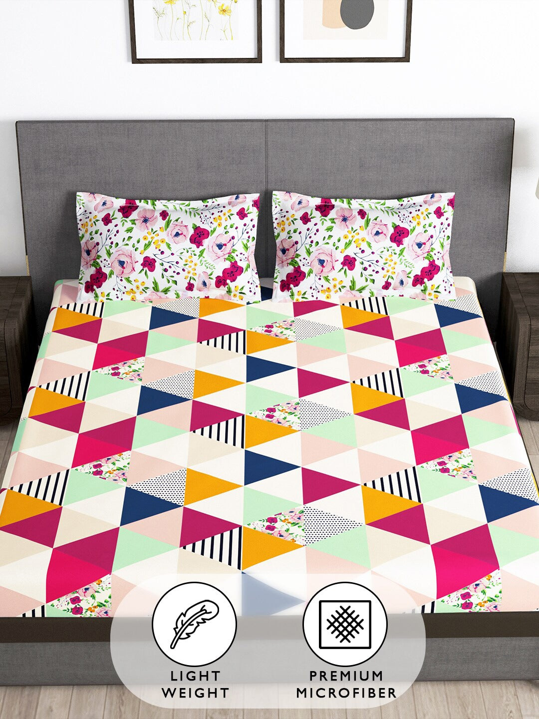 Story@home Arena Pink & Green Geometric Printed 180 TC Queen Bedsheet & 2 Pillow Covers