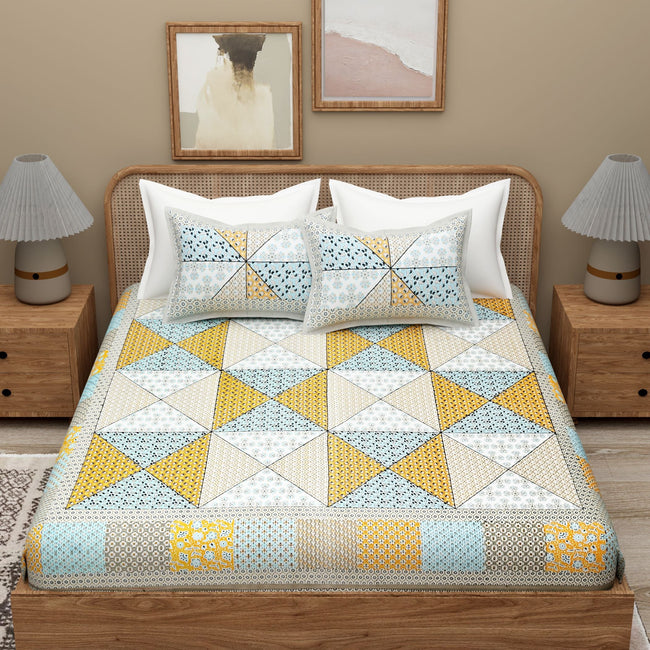 Sky Blue Yellow Ethnic Motifs Cotton 300TC King Bedsheet With 2 Zipper Pillow Covers - Super King Size by House of Ree Hover Image