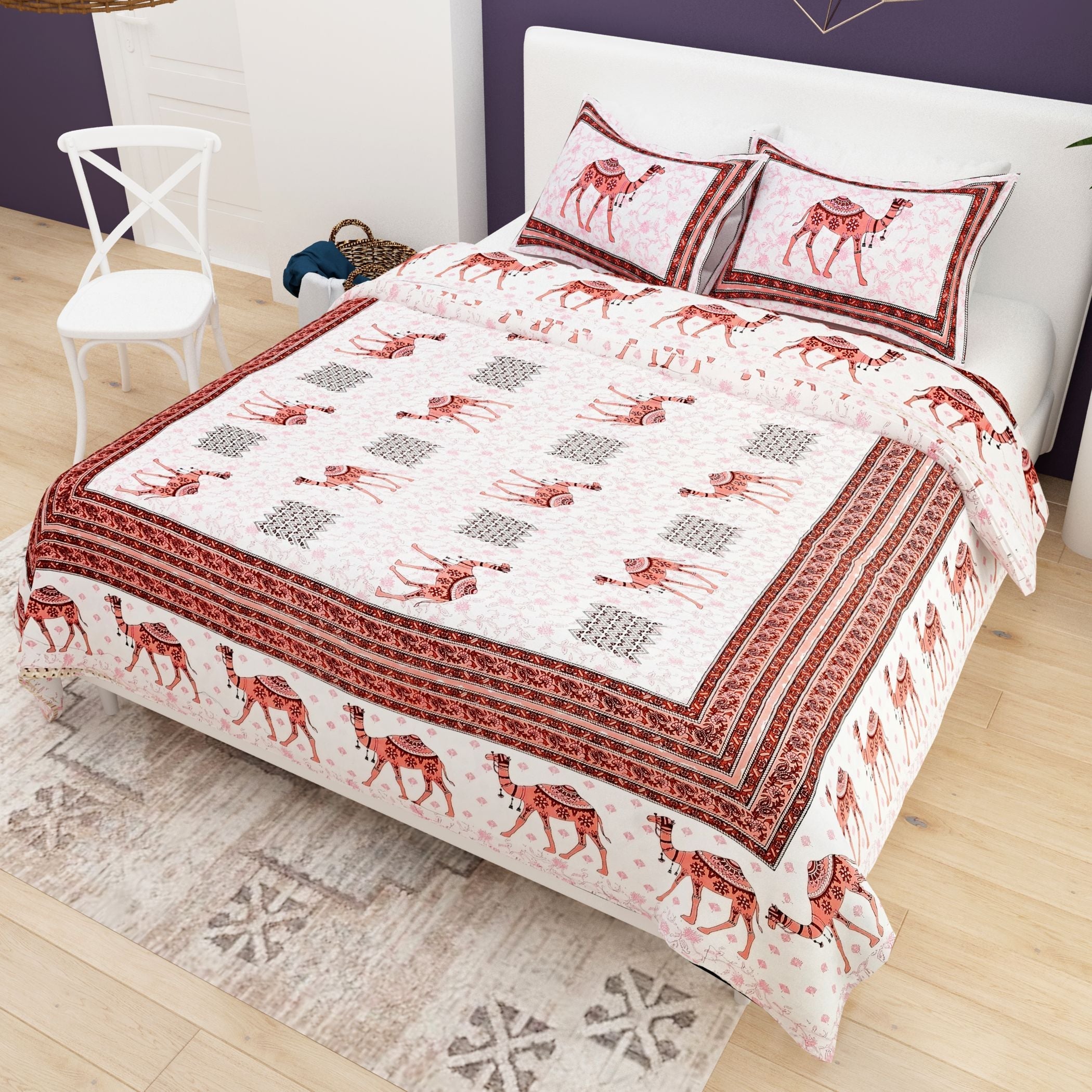 Red White Ethnic Motifs Cotton 200TC King Bedsheet With 2 Zipper Pillow Covers - King Size by House of Ree