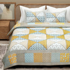 Sky Blue Yellow Ethnic Motifs Cotton 300TC King Bedsheet With 2 Zipper Pillow Covers - Super King Size by House of Ree