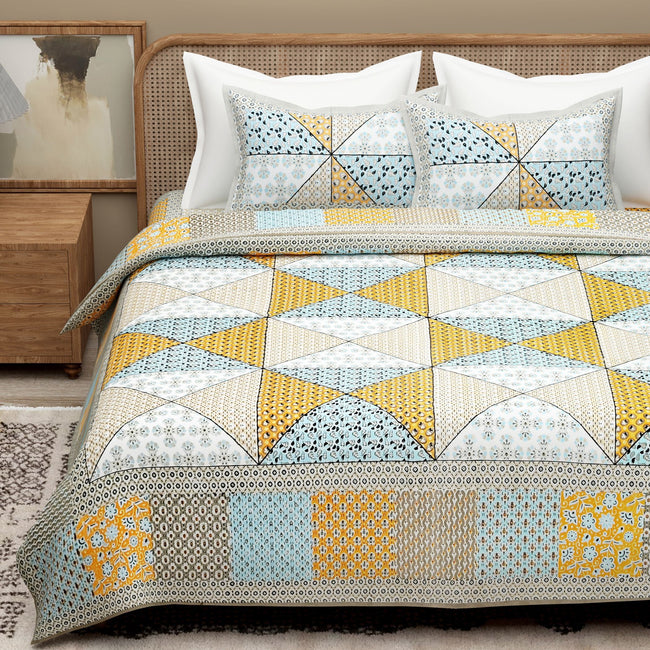 Sky Blue Yellow Ethnic Motifs Cotton 300TC King Bedsheet With 2 Zipper Pillow Covers - Super King Size by House of Ree Main Image