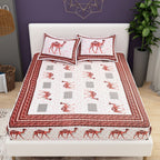 Red White Ethnic Motifs Cotton 200TC King Bedsheet With 2 Zipper Pillow Covers - King Size by House of Ree