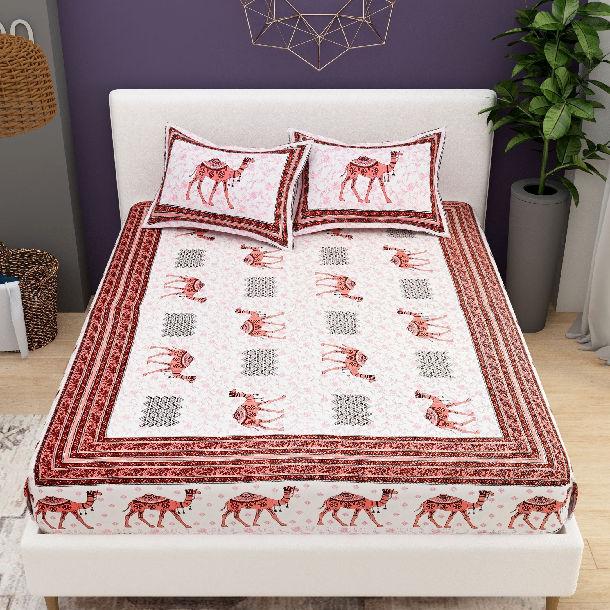 Red White Ethnic Motifs Cotton 200TC King Bedsheet With 2 Zipper Pillow Covers - King Size by House of Ree