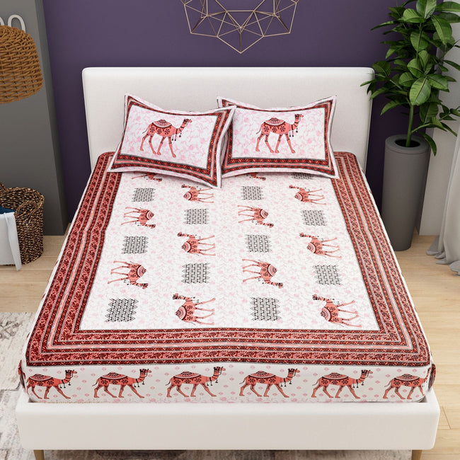 Red White Ethnic Motifs Cotton 200TC King Bedsheet With 2 Zipper Pillow Covers - King Size by House of Ree Hover Image