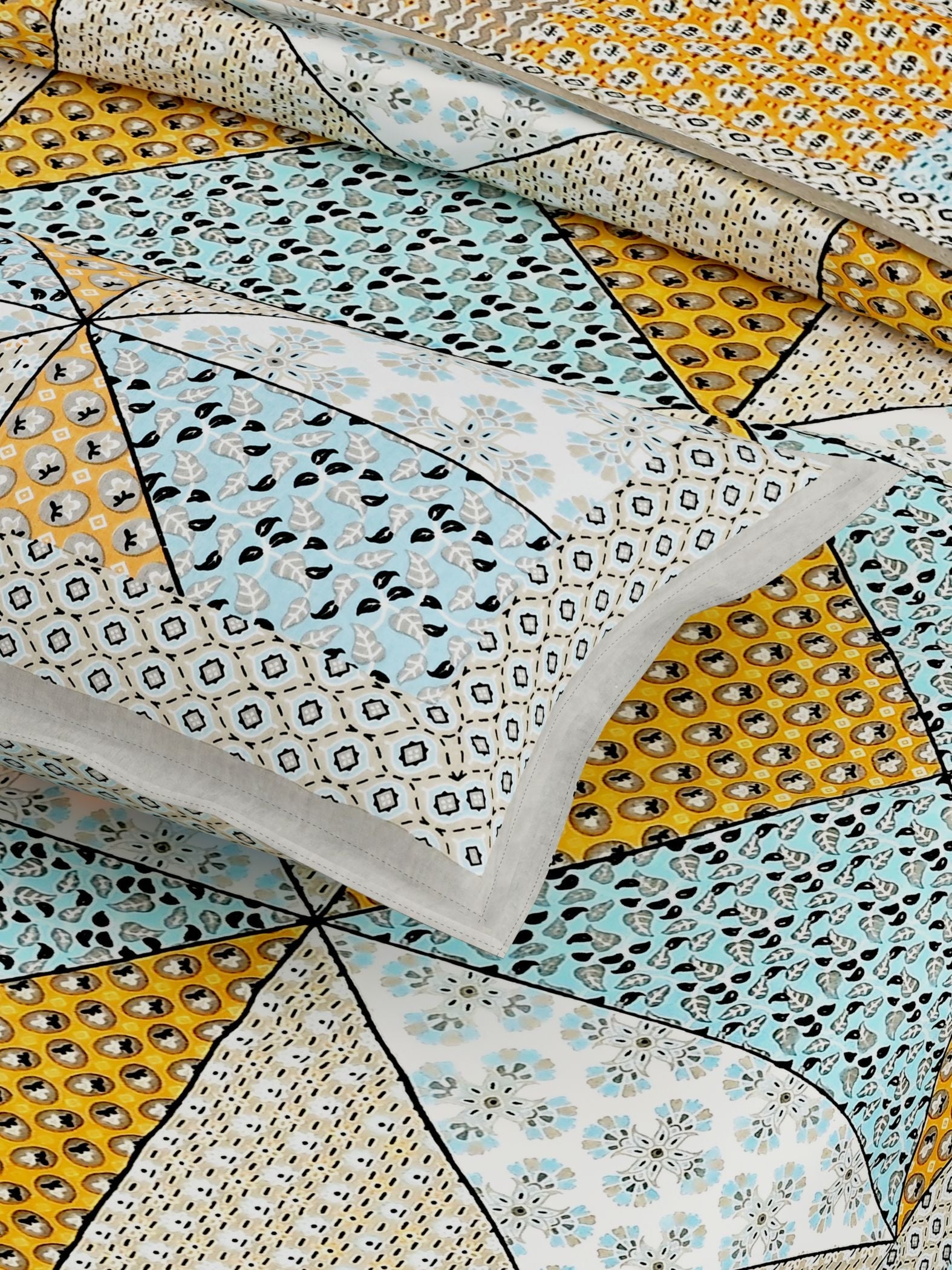 Sky Blue Yellow Ethnic Motifs Cotton 300TC King Bedsheet With 2 Zipper Pillow Covers - Super King Size by House of Ree