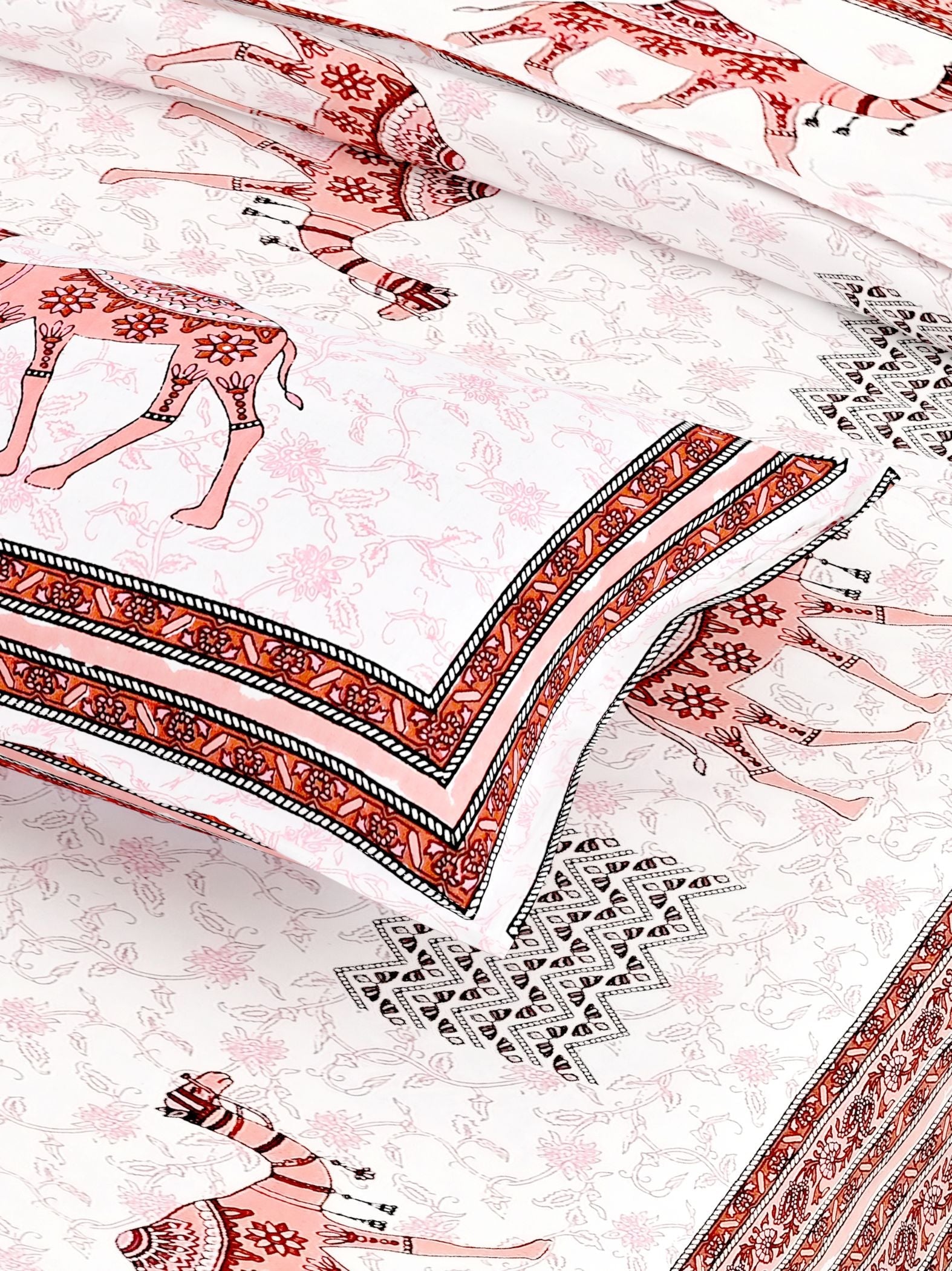 Red White Ethnic Motifs Cotton 200TC King Bedsheet With 2 Zipper Pillow Covers - King Size by House of Ree