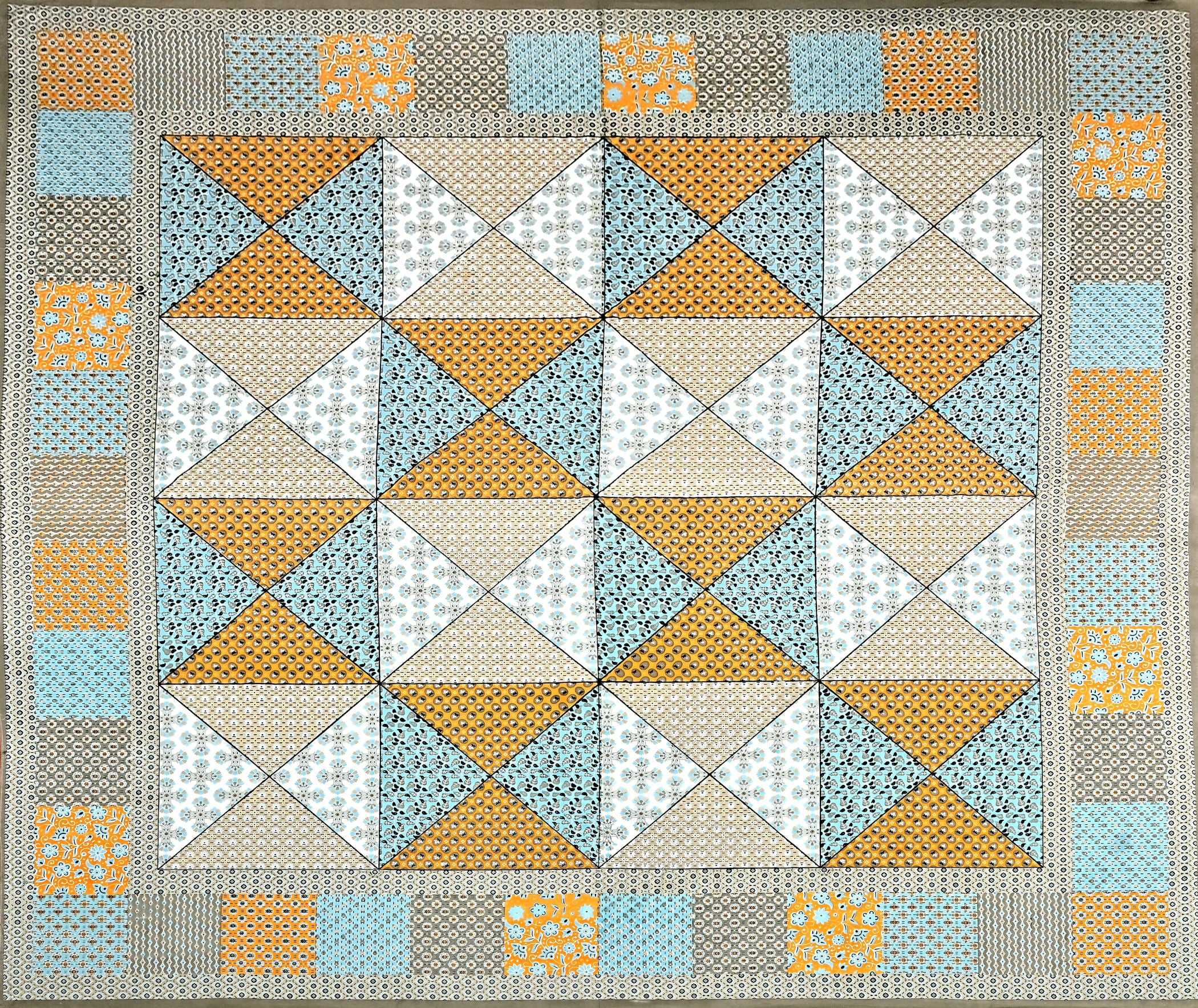 Sky Blue Yellow Ethnic Motifs Cotton 300TC King Bedsheet With 2 Zipper Pillow Covers - Super King Size by House of Ree