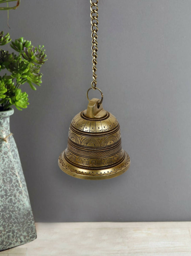 CraftVatika Gold-Toned Brass Hanging Bell with Attached Chain & Hook Hover Image