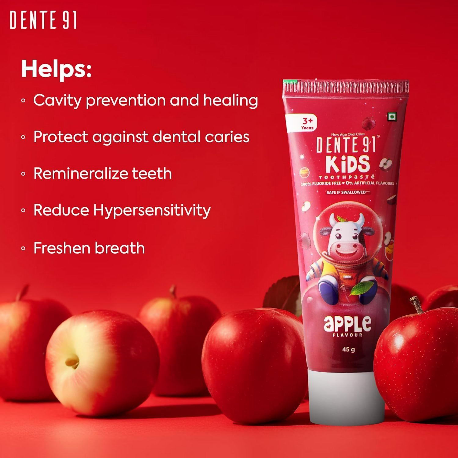 Dente91 Kids Toothpaste Protects Against Dental Caries & Hypersensitivity Fluoride Free Apple Flavour
