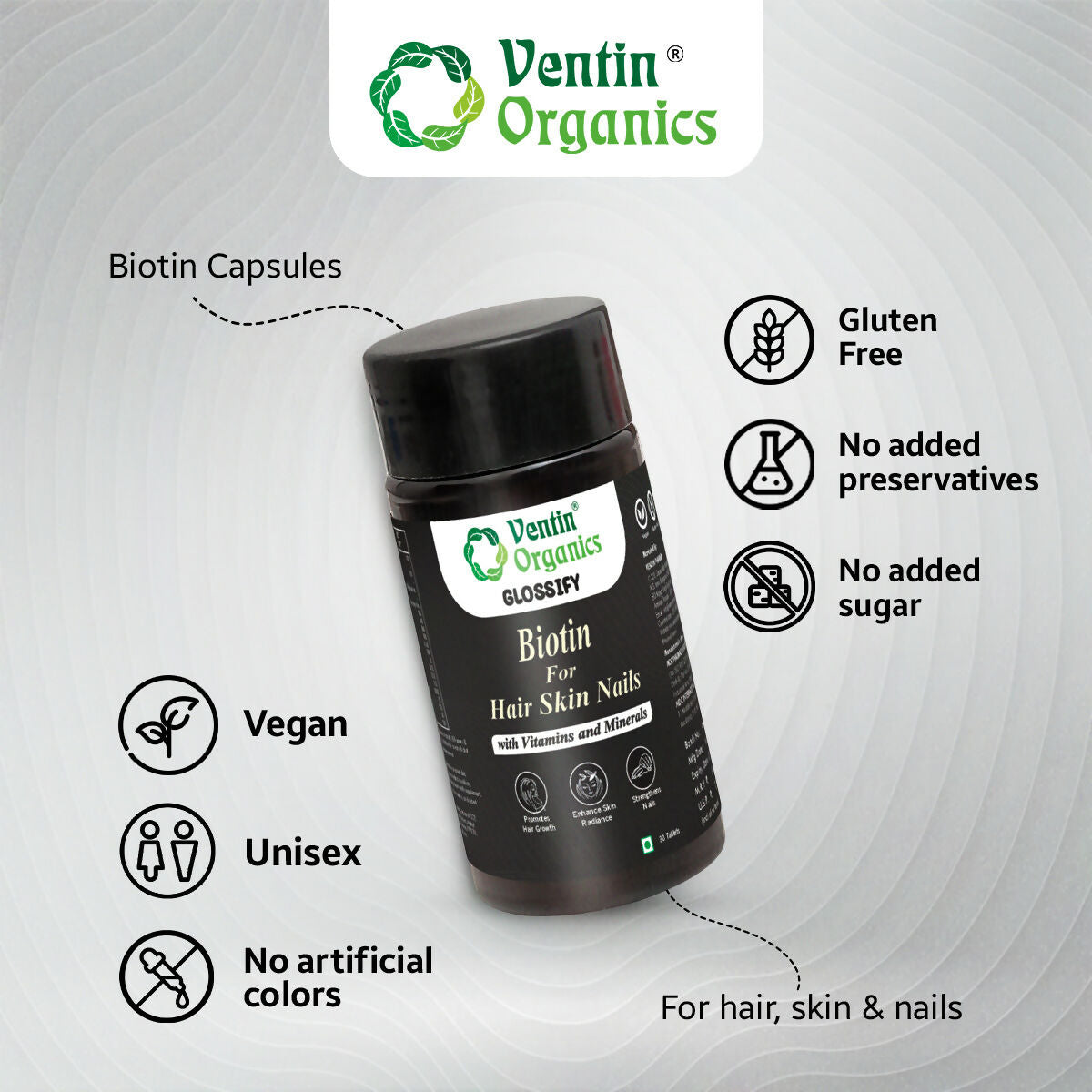 Ventin Organics Glossify Biotin Hair, Skin & Nails Tablets