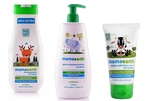 Mamaearth Dusting Powder + Shampoo + Face Cream For Babies Combo Pack