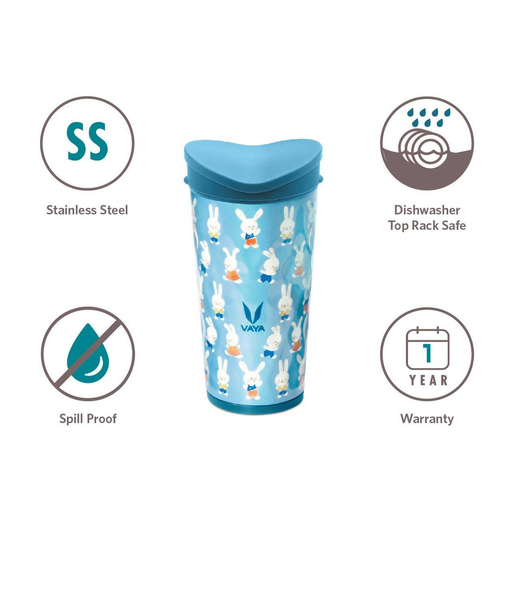 Vaya Drynk Stainless Steel Strawless Silicone Bunnies Print Spout Tumbler With Spill-Proof Pediasafe Lid - 350ml (Blue)