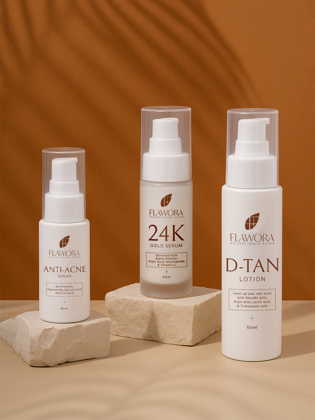 Flawora Anti-Grey Hair Serum, D-Tan Lotion and Gold Face Serum Combo Hover Image