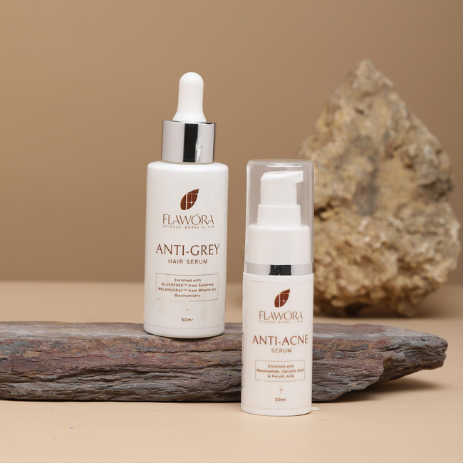 Flawora Anti-Grey Hair Serum For Reversing Grey Hair and Anti Acne Serum to reduce Blackheads and Open Pores Hover Image