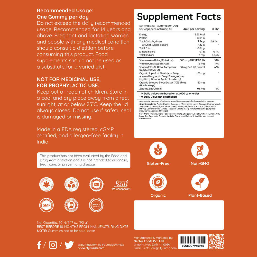 Purna Gummies Superfruits Collagen Mixed Fruit Flavour Gummies for Hair and Skin