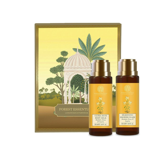 Forest Essentials Luxury Bath & Body Gift Set, Honey Vanilla Scented, Body Wash and Body Lotion Hover Image