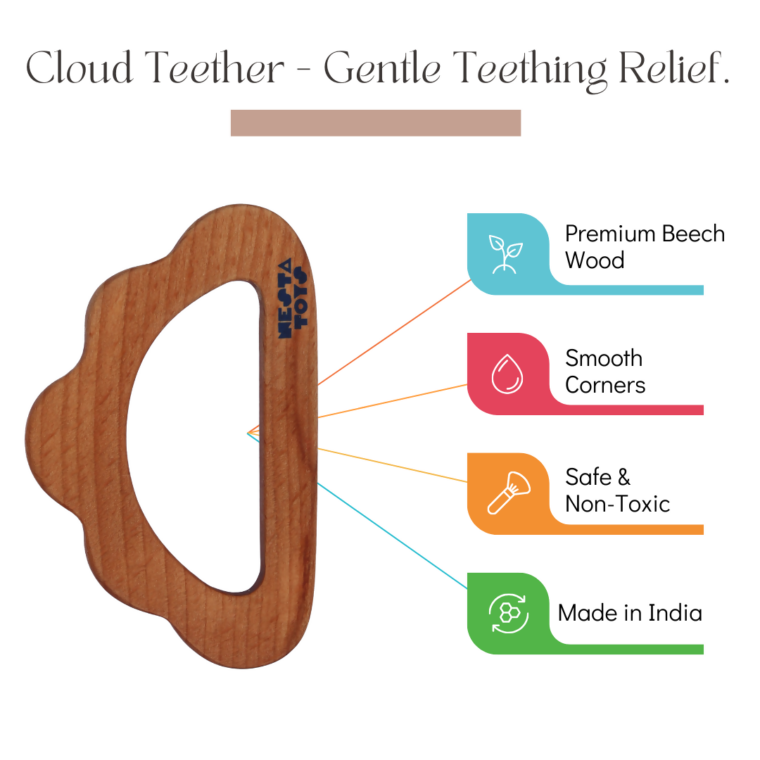 Nesta Toys Beech Wooden Cloud Teether, Baby Shower Gift, Newborn Toy (0-1.5 Years)