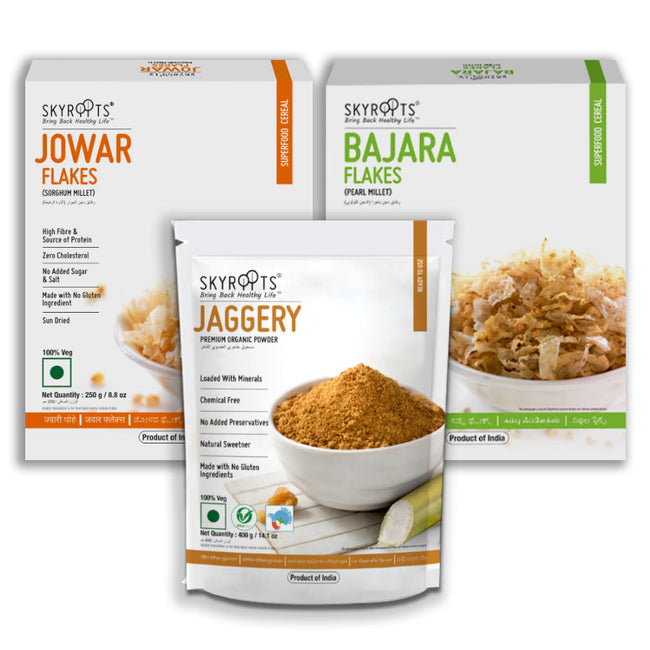 Skyroots Bajara Flakes + Jowar Flakes + Organic Jaggery Powder Combo Pack Hover Image