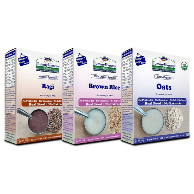 TummyFriendly Foods Organic Stage1 Sprouted Porridge Mixes Combo Pack - Sprouted Ragi, Sprouted Brown Rice and Oats Hover Image