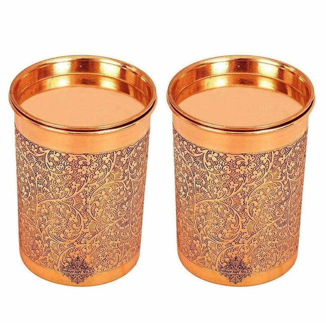 Copper Glass Tumbler with Lid Embossed Design Main Image