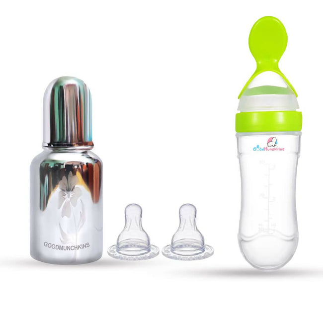 Goodmunchkins Stainless Steel Feeding Bottle & Spoon Food Feeder Anti Colic Silicone Nipple Combo-(Green,150ml) Hover Image