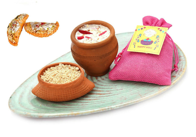 Ghasitaram Holi Gifts Sweets - Herbal Thandai Powder with Holi Gujiya Sweets Hover Image