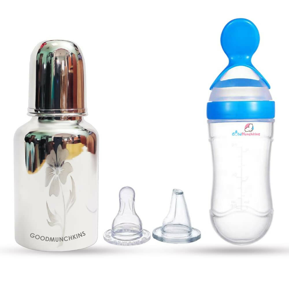 Goodmunchkins Stainless Steel Feeding Bottle & Spoon Food Feeder Anti Colic Silicone Nipple Combo-(Blue,300ml)