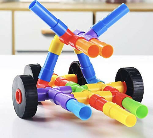Kipa 90 Pieces Pipe Puzzle, Educational & Intellectual Role Playing Model Construction Blocks with Rolling Wheelbase , Smooth Edged for Kids