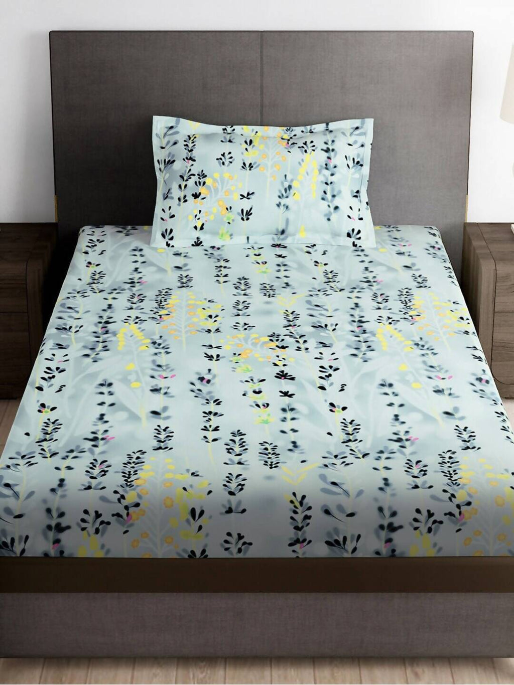 Story@home Arena Grey & Blue Floral Printed 180 TC Bedsheet & Pillow Covers