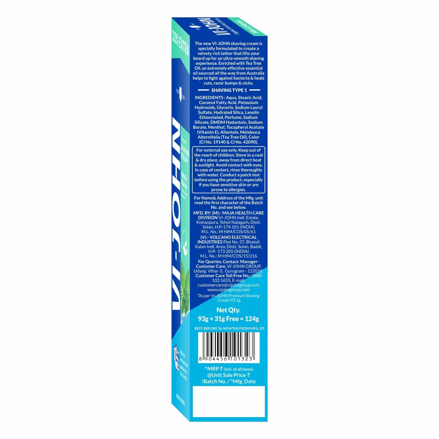 VI-JOHN Dermatologically Tested Vitamin-E enriched Anti Bacterial Mint & Marine Shaving Cream
