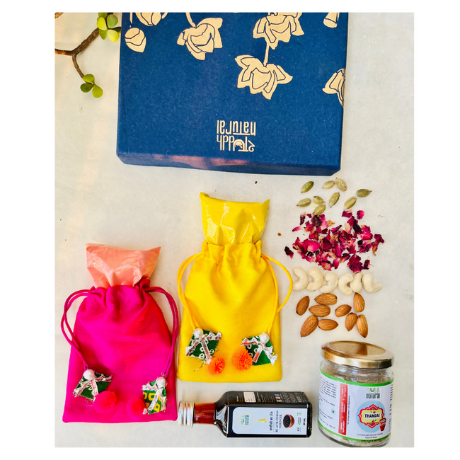 Shuddh Natural Ubtan Based Herbal Gulal, Ayurvedic Thandai Powder and Kalonji Hair Oil | Holi Gift Hamper Hover Image